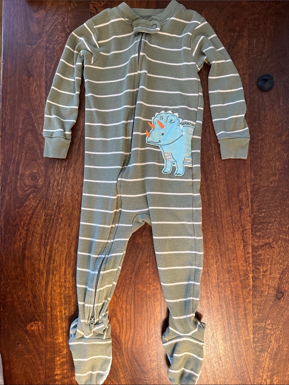 Carter’s Baby Olive Green Striped Sleep & Play Pajamas with Triceratops Patch